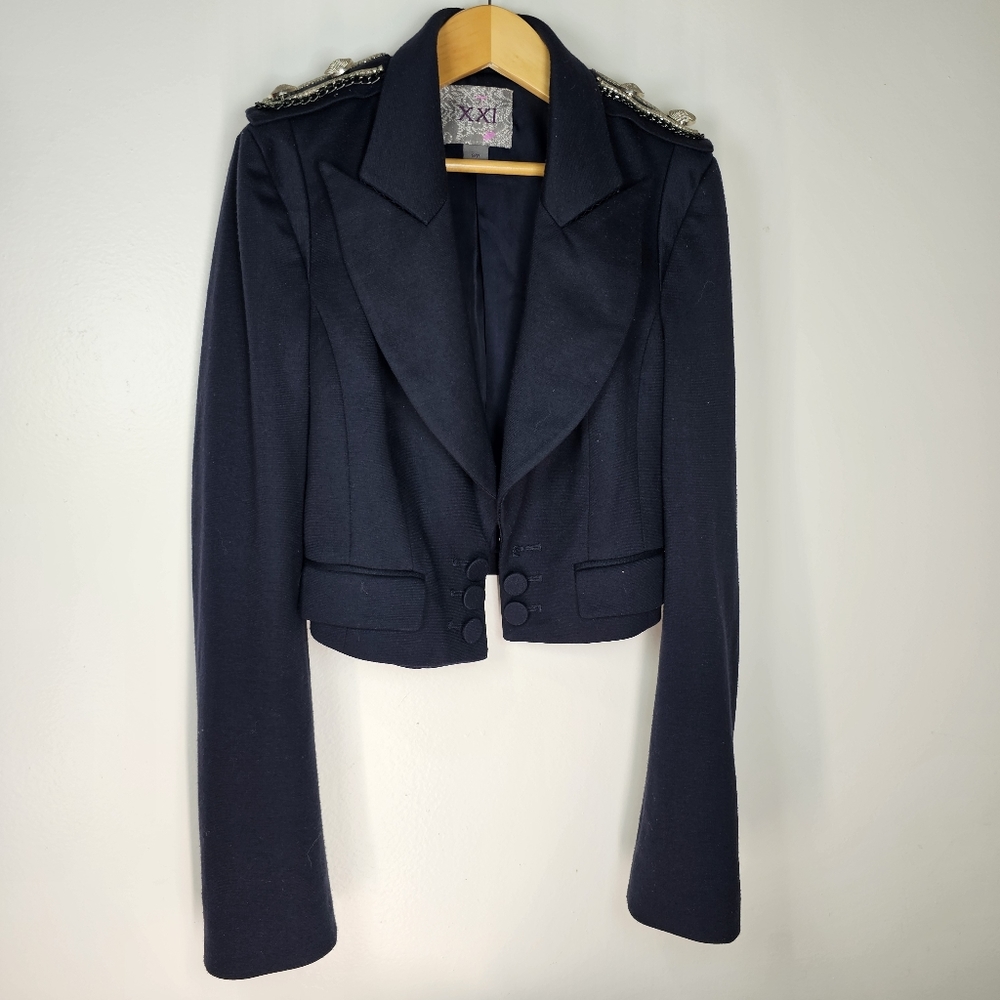 Cropped jacket, navy blue, military style with embellished epaulets.